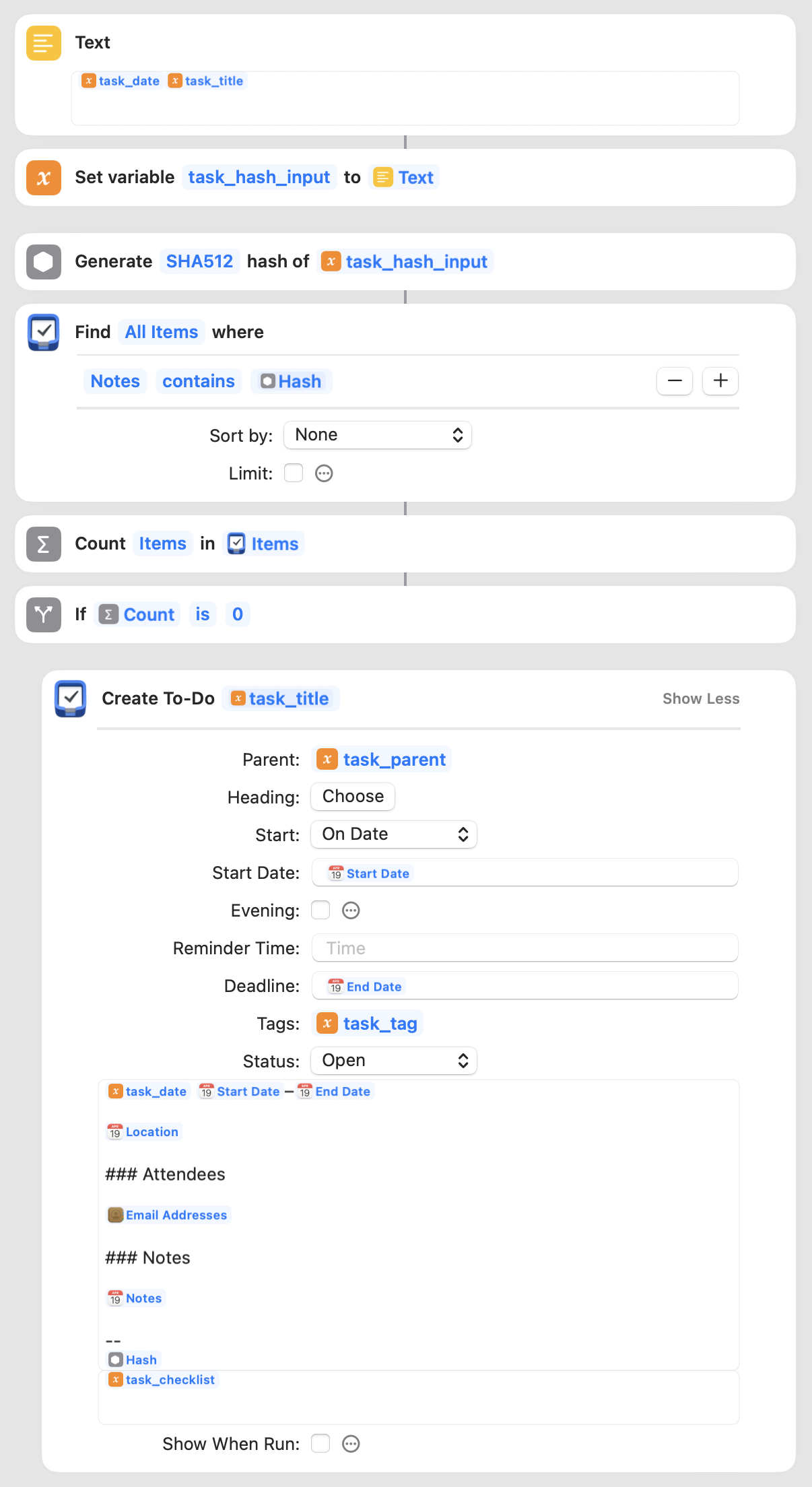 PMD doesn't support updating existing calendar event tasks in Things, but all the conditional logic is there to add it in a future update.