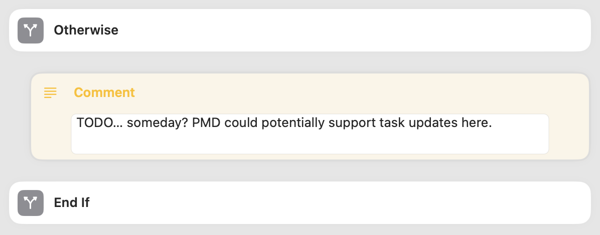 PMD doesn't support updating existing calendar event tasks in Things, but all the conditional logic is there to add it in a future update.